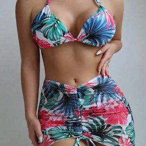 WOMEN'S BEACH BIKINI SUIT THREE PIECE TROPICAL PRINT SIZE S